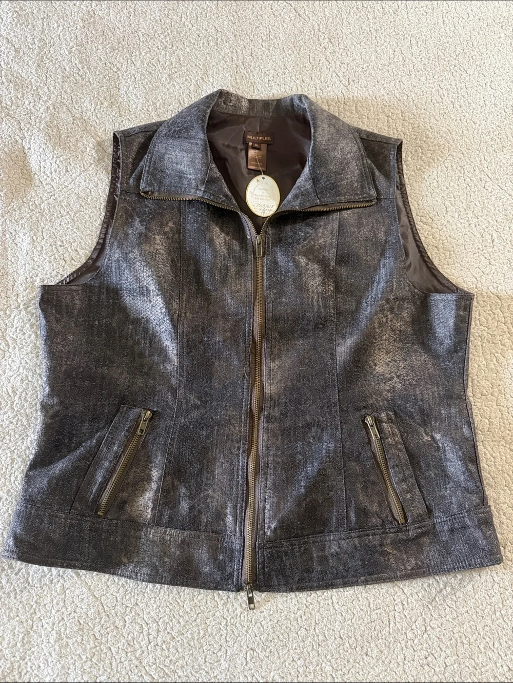 Multiples Metallic Charcoal Zip-Front Vest Size Xl